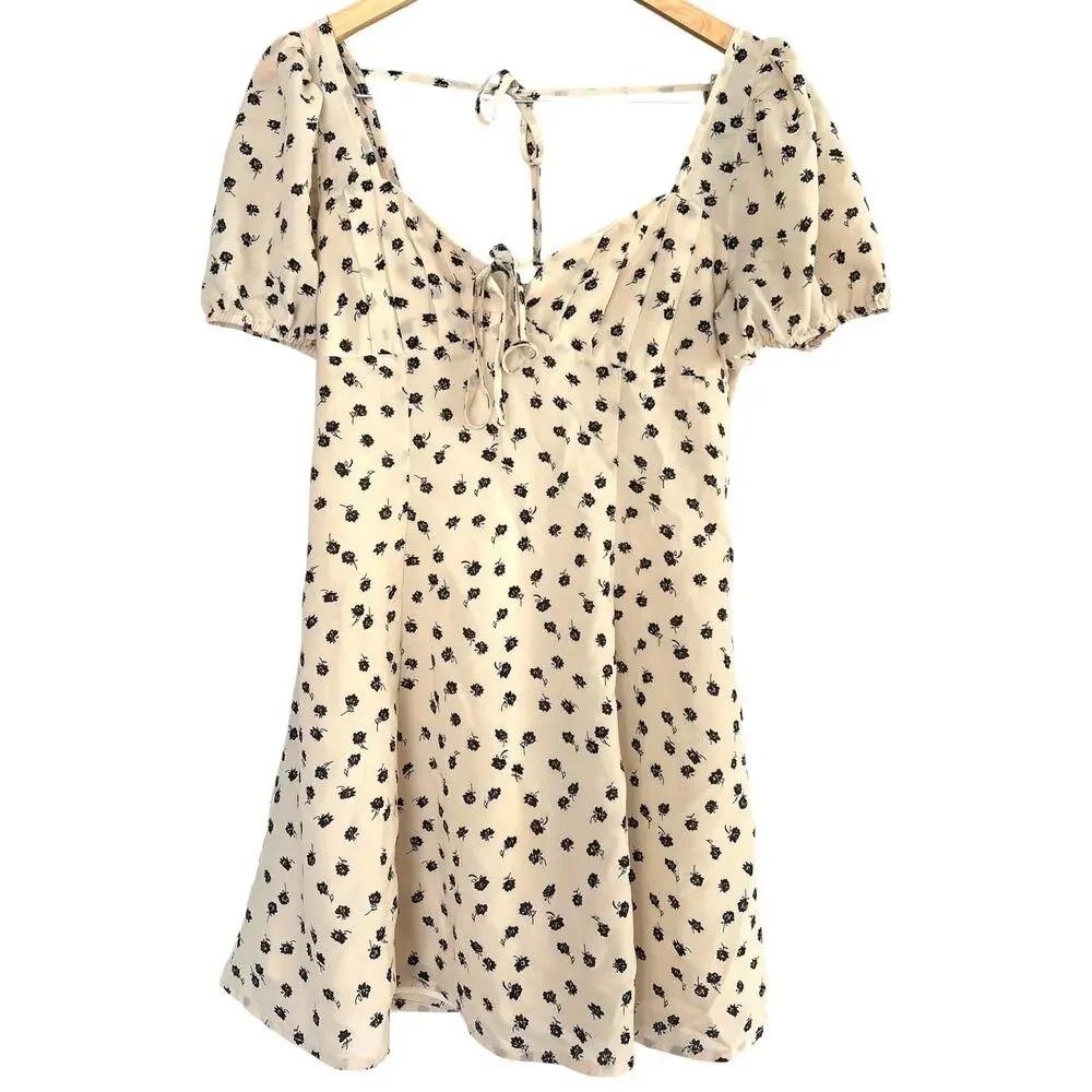 French Kiss Cream Floral Mini Dress Puff Sleeve Tie Front Size M - Picture 3 of 8